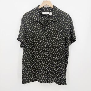 Chaus Vintage Black Yellow Floral Short Sleeve Button Down Blouse 14 Y2K 90s